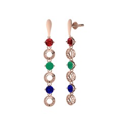 Garnet, kök zümrüt ve lab safir 14 ayar rose altın küpe