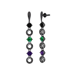 Siyah zirkon, yeşil kuvars ve ametist 925 ayar siyah rodyum kaplama gümüş küpe