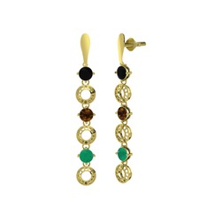 Siyah zirkon, dumanlı kuvars ve kök zümrüt 14 ayar altın küpe