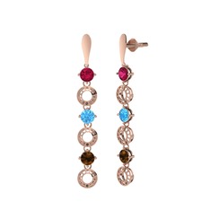Rodolit garnet, akuamarin ve dumanlı kuvars 14 ayar rose altın küpe