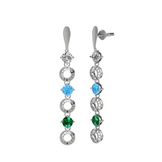 Swarovski, akuamarin ve yeşil kuvars 14 ayar beyaz altın küpe
