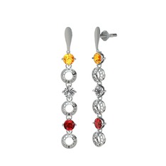 Sitrin, beyaz zirkon ve garnet 8 ayar beyaz altın küpe