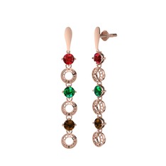 Garnet, yeşil kuvars ve dumanlı kuvars 18 ayar rose altın küpe
