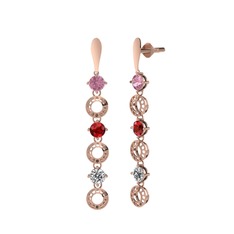 Pembe kuvars, garnet ve beyaz zirkon 8 ayar rose altın küpe