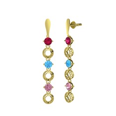 Rodolit garnet, akuamarin ve pembe kuvars 18 ayar altın küpe