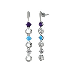 Ametist, akuamarin ve swarovski 14 ayar beyaz altın küpe