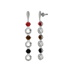 Garnet, dumanlı kuvars ve siyah zirkon 8 ayar beyaz altın küpe