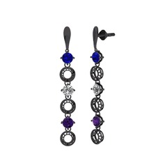 Lab safir, beyaz zirkon ve ametist 925 ayar siyah rodyum kaplama gümüş küpe