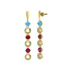Akuamarin, garnet ve rodolit garnet 18 ayar altın küpe