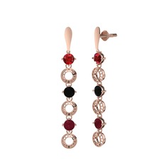 Garnet, siyah zirkon ve kök yakut 14 ayar rose altın küpe
