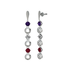Ametist, swarovski ve kök yakut 14 ayar beyaz altın küpe