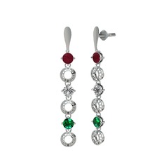 Kök yakut, swarovski ve yeşil kuvars 8 ayar beyaz altın küpe