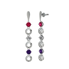 Rodolit garnet, swarovski ve ametist 8 ayar beyaz altın küpe