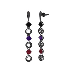 Siyah zirkon, ametist ve kök yakut 925 ayar siyah rodyum kaplama gümüş küpe