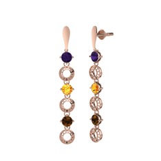 Ametist, sitrin ve dumanlı kuvars 925 ayar rose altın kaplama gümüş küpe