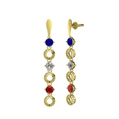 Lab safir, beyaz zirkon ve garnet 18 ayar altın küpe