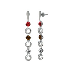 Garnet, dumanlı kuvars ve beyaz zirkon 14 ayar beyaz altın küpe