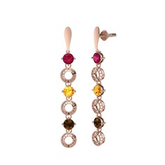 Rodolit garnet, sitrin ve dumanlı kuvars 925 ayar rose altın kaplama gümüş küpe