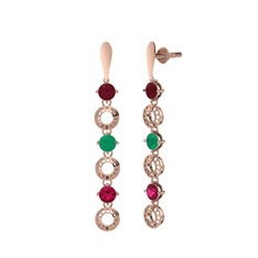 Kök yakut, kök zümrüt ve rodolit garnet 18 ayar rose altın küpe