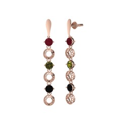 Kök yakut, peridot ve siyah zirkon 925 ayar rose altın kaplama gümüş küpe