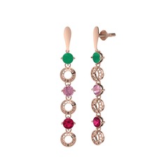 Kök zümrüt, pembe kuvars ve rodolit garnet 14 ayar rose altın küpe