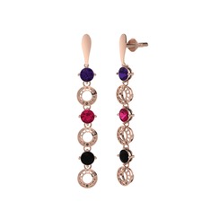 Ametist, rodolit garnet ve siyah zirkon 14 ayar rose altın küpe