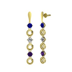 Lab safir, swarovski ve ametist 8 ayar altın küpe