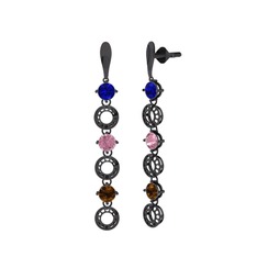 Leilani Küpe - Lab safir, pembe kuvars ve dumanlı kuvars 925 ayar siyah rodyum kaplama gümüş küpe #6mdv6a