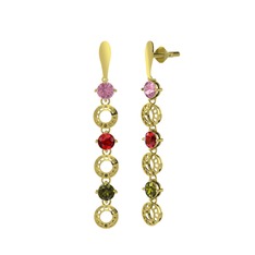 Pembe kuvars, garnet ve peridot 8 ayar altın küpe