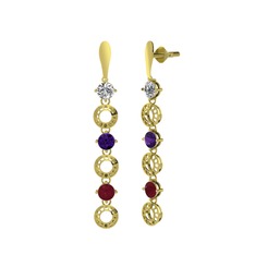 Beyaz zirkon, ametist ve kök yakut 8 ayar altın küpe