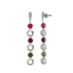 Rodolit garnet, kök yakut ve peridot 8 ayar beyaz altın küpe