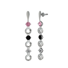 Pembe kuvars, siyah zirkon ve swarovski 8 ayar beyaz altın küpe
