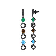 Leilani Küpe - Kök zümrüt, dumanlı kuvars ve akuamarin 925 ayar siyah rodyum kaplama gümüş küpe #gemic9