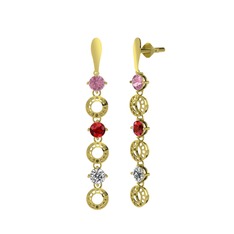 Pembe kuvars, garnet ve swarovski 14 ayar altın küpe