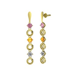 Pembe kuvars, sitrin ve beyaz zirkon 18 ayar altın küpe