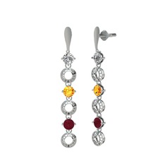 Swarovski, sitrin ve kök yakut 18 ayar beyaz altın küpe