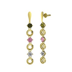 Peridot, pembe kuvars ve swarovski 14 ayar altın küpe