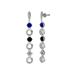 Lab safir, siyah zirkon ve swarovski 14 ayar beyaz altın küpe