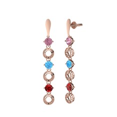 Pembe kuvars, akuamarin ve garnet 14 ayar rose altın küpe