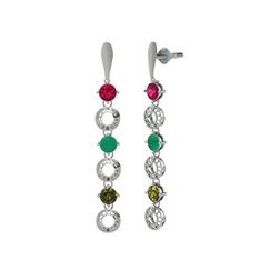 Rodolit garnet, kök zümrüt ve peridot 8 ayar beyaz altın küpe