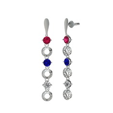 Rodolit garnet, lab safir ve beyaz zirkon 14 ayar beyaz altın küpe