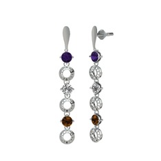 Ametist, swarovski ve dumanlı kuvars 14 ayar beyaz altın küpe