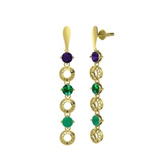 Leilani Küpe - Ametist, yeşil kuvars ve kök zümrüt 18 ayar altın küpe #urf91x