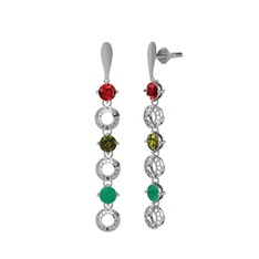 Garnet, peridot ve kök zümrüt 14 ayar beyaz altın küpe