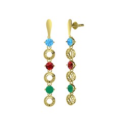 Leilani Küpe - Akuamarin, garnet ve kök zümrüt 18 ayar altın küpe #xrfo15