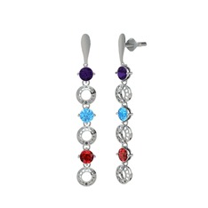 Ametist, akuamarin ve garnet 8 ayar beyaz altın küpe