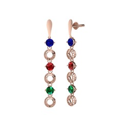 Lab safir, garnet ve yeşil kuvars 14 ayar rose altın küpe