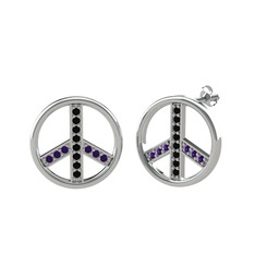 Barış Küpe - Siyah zirkon ve ametist 8 ayar beyaz altın küpe #18wkluo