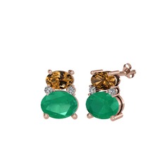 Dumanlı kuvars, kök zümrüt ve swarovski 925 ayar rose altın kaplama gümüş küpe