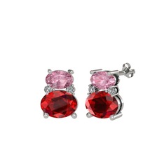 Pembe kuvars, garnet ve beyaz zirkon 14 ayar beyaz altın küpe